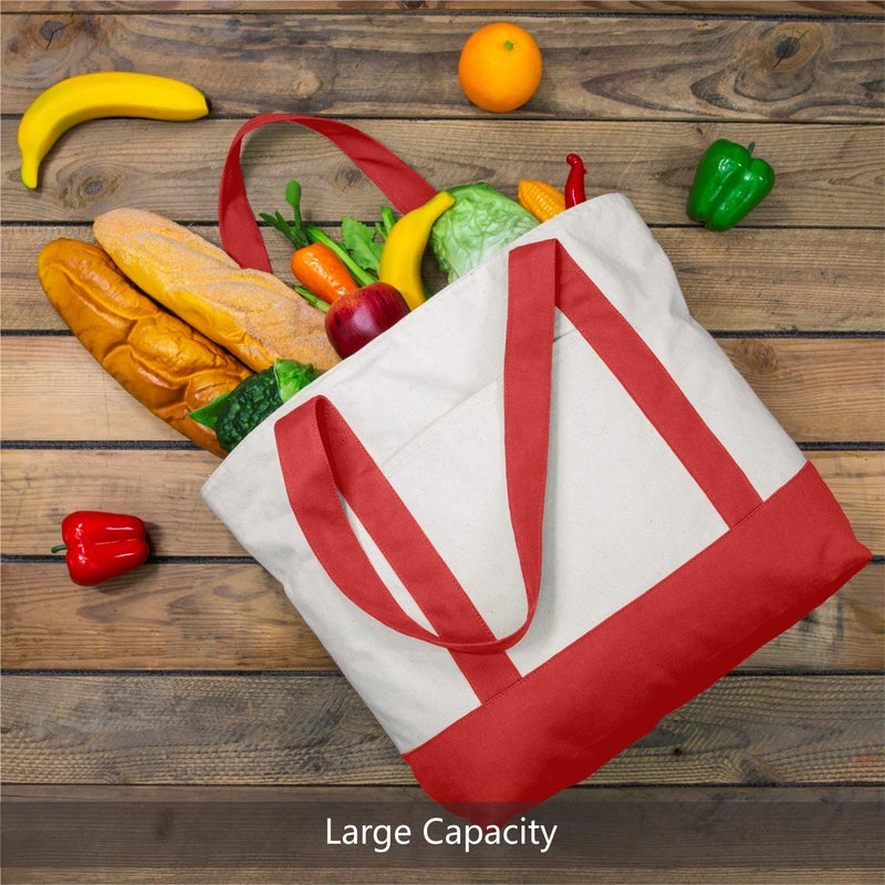 TOPDesign 1-Pack Canvas Tote Bag with an External Pocket, Reusable Grocery Shopping Bag, Top Zipper Closure, Daily Essentials (Red/Natural) - Image 4